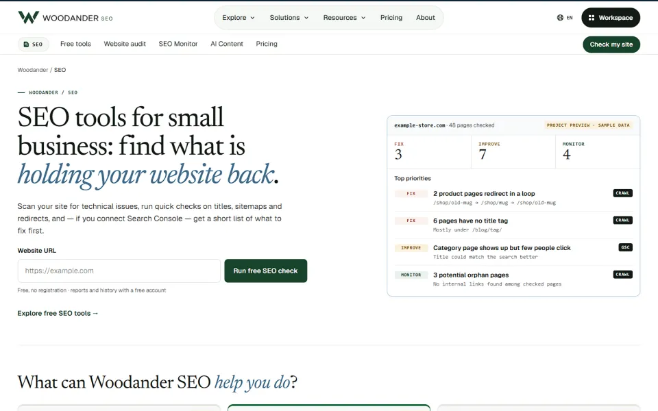 Woodander SEO tools page with a free website audit form and a preview of technical SEO issues and recommendations.