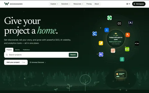 Woodander homepage featuring project discovery, search, and promotion opportunities in a forest-themed interface.