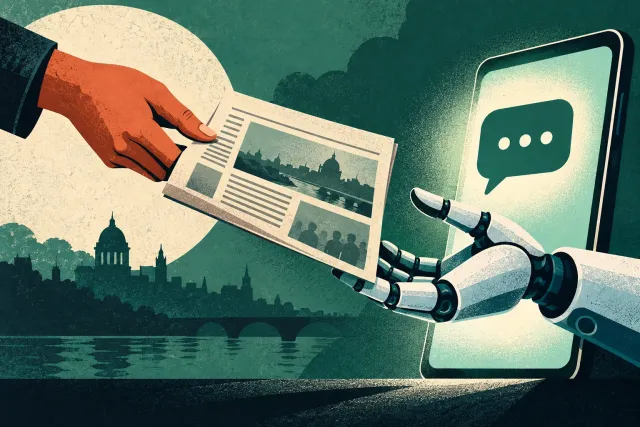 A newspaper page drifting toward a glowing phone screen next to a speech bubble
