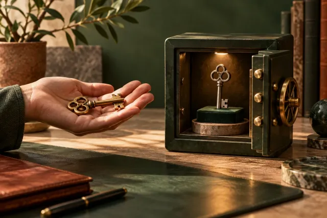 One key held in an open hand beside another key locked inside a vault box