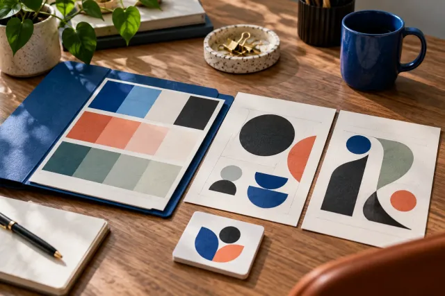 A tidy starter brand kit with color swatches, two typeface cards and a logo tile