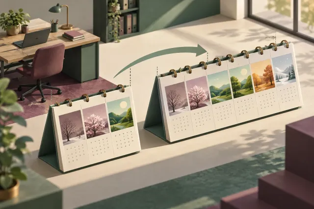 A calendar page where a short three-month block stretches into a longer six-month block