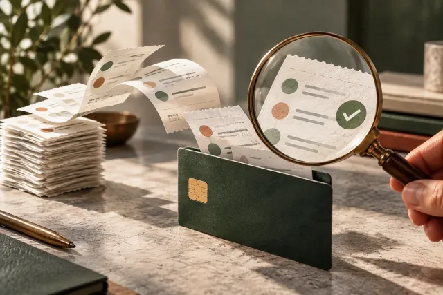 Payment slips funnelling into one bank deposit card while a magnifying glass checks the total