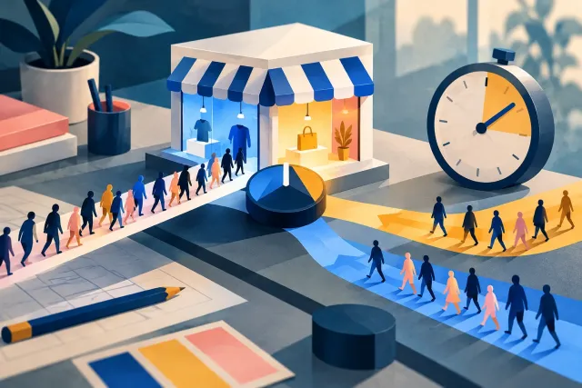 A miniature storefront on a workbench with a dial splitting visitors into two paths