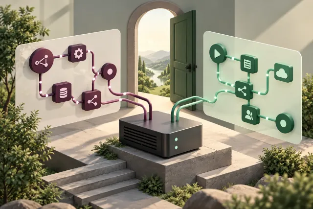 Two node-based workflow diagrams running on one small self-hosted server box