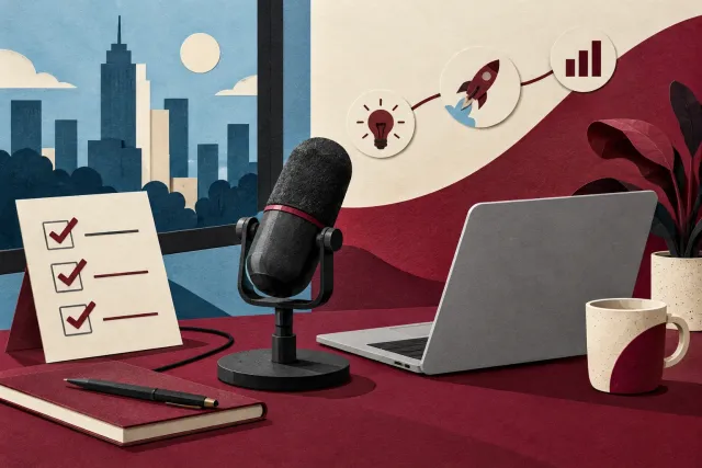 A desk with a microphone, a laptop and a ticked checklist card for a new podcast