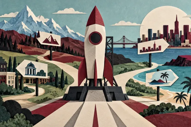 A paper rocket on a launch pad beside several small signposts pointing to different destinations