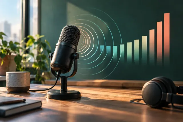 A desk microphone whose sound rings grow into small rising bar columns