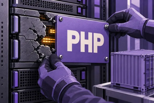 A patch being applied to a cracked server panel, symbolising a PHP security update