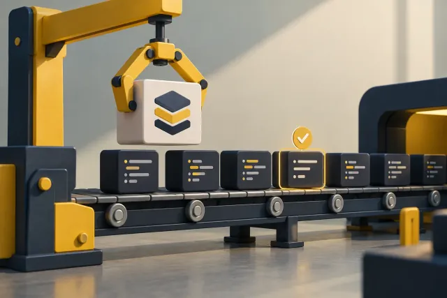 A version tag riding a conveyor of code blocks with one block flagged for review