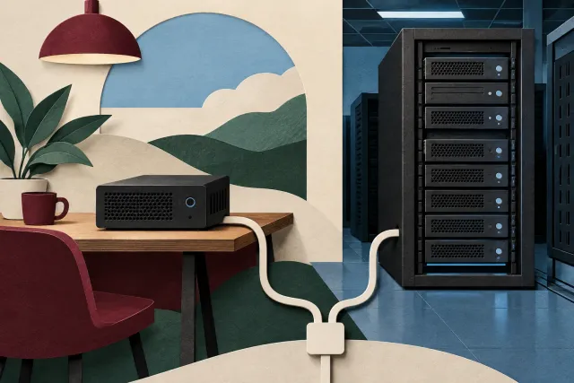 A compact desk server box beside a tall rack server with one cable splitting to both