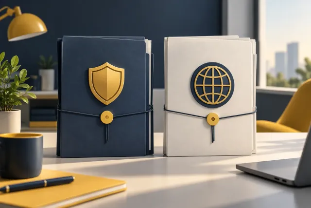 Two sealed folders on a desk, one marked with a shield and one with a globe