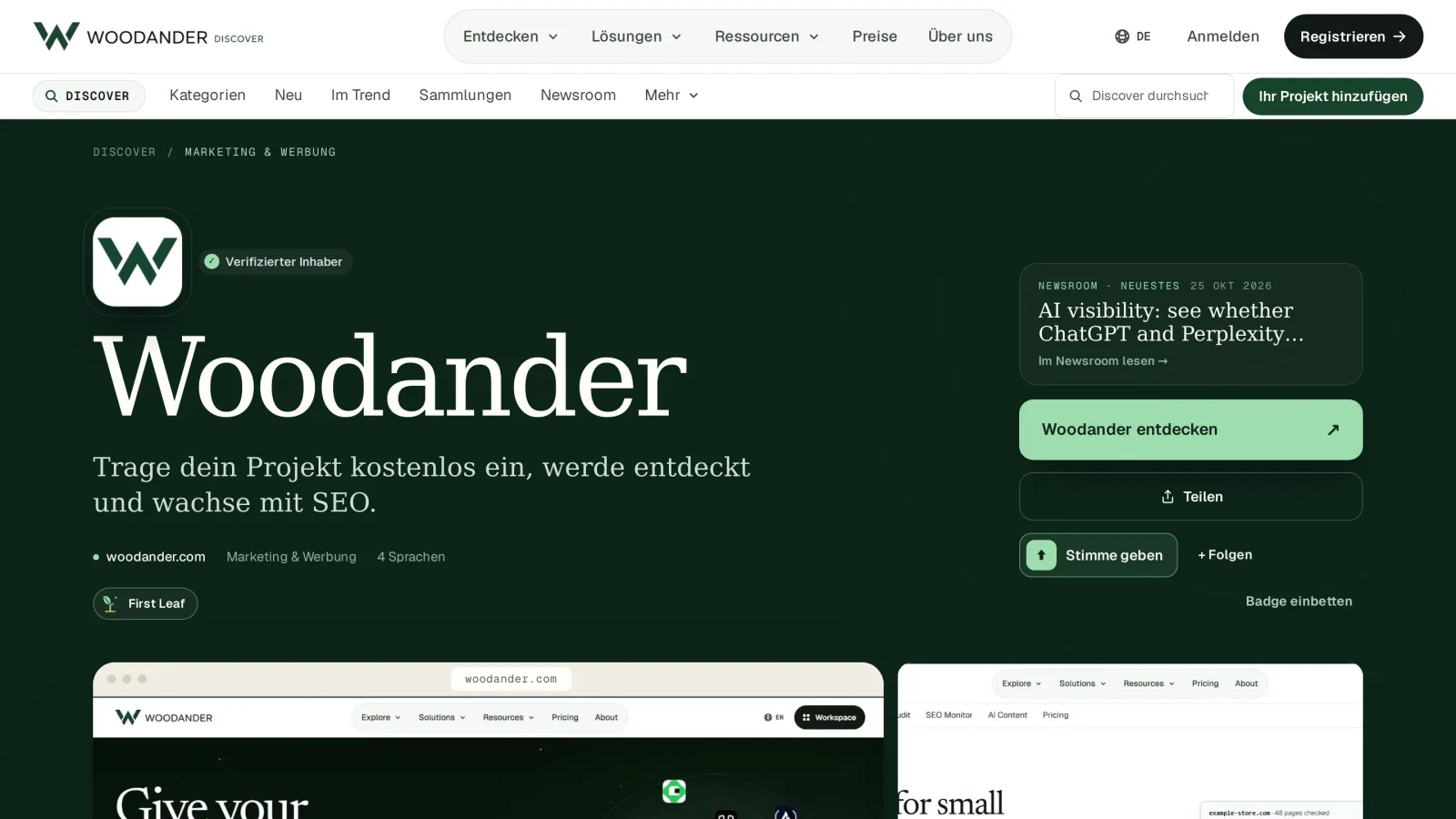 Projektseite in Woodander Discover