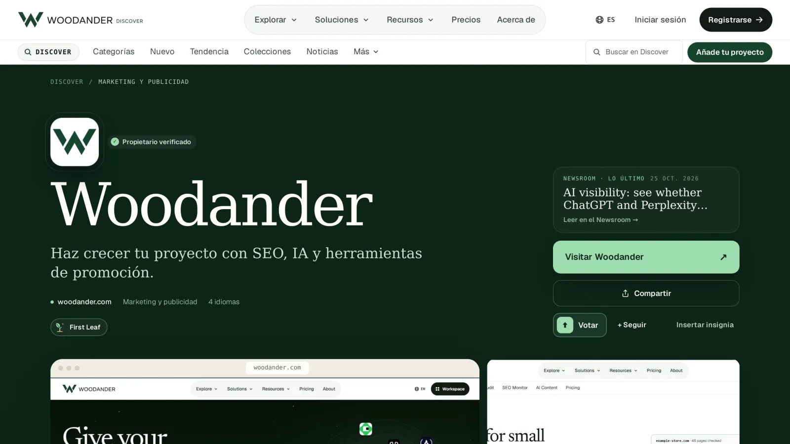 Página de proyecto en Woodander Discover